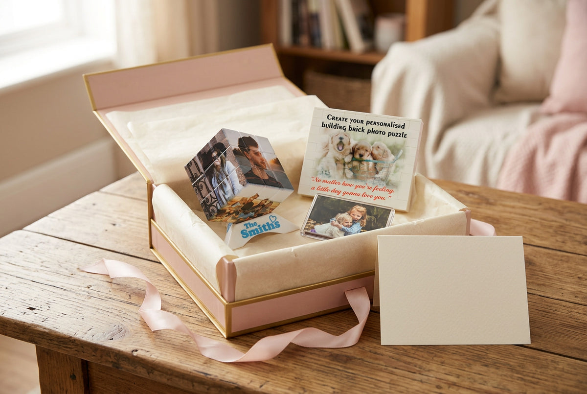 Personal gift hamper with personalised photo cube, building brick photo block and keepsake photo magnet; sample arrangement
